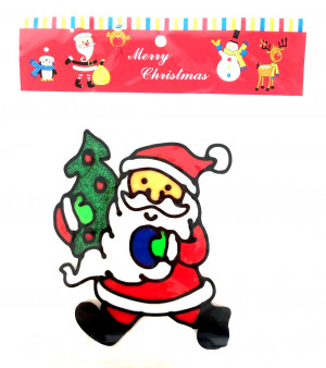 Наклейка гелевая на стекло Дед мороз с елкой  10*14 см.1 шт.