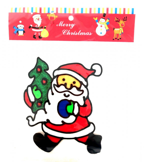 Наклейка гелевая на стекло Дед мороз с елкой  10*14 см.1 шт.