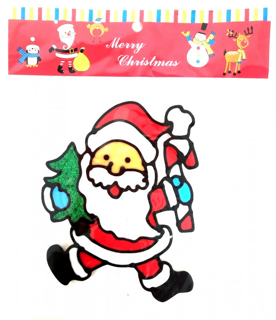 Наклейка гелевая на стекло Дед мороз с елкой 16*11 см.1 шт.