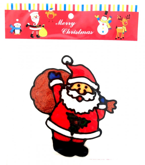 Наклейка гелевая на стекло Дед мороз с мешком 15*12 см.1 шт.