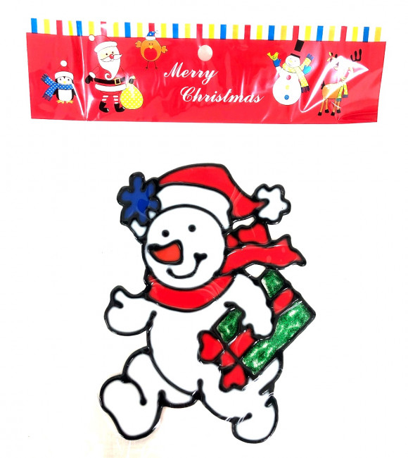 Наклейка гелевая на стекло Снеговик с подарком 15*12 см.1 шт.