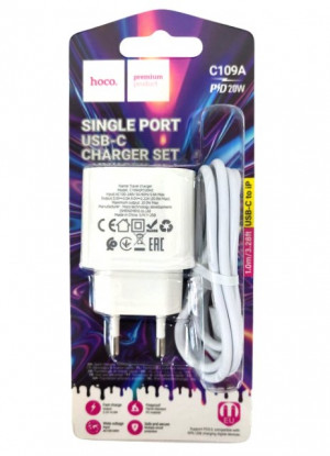 Зарядное устройство с кабелем HOCO C109A IOS/TYPE-C WHITE