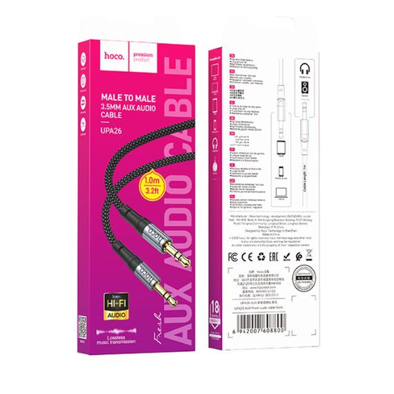 Кабель AUX, Jack 3,5mm(m) - Jack 3,5mm(m) HOCO UPA26, Fresh, 1.0м, цвет: чёрный