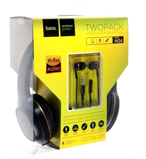 Комплект наушников Hoco W24, проводные, накладные + вакуумные, проводные, золотистые