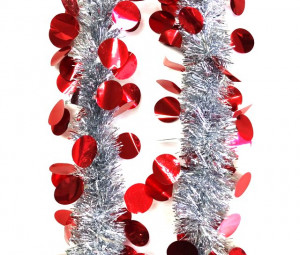 Мишура серебристая с декором Красные кружочки d,15 см.2,5 м.1 шт.