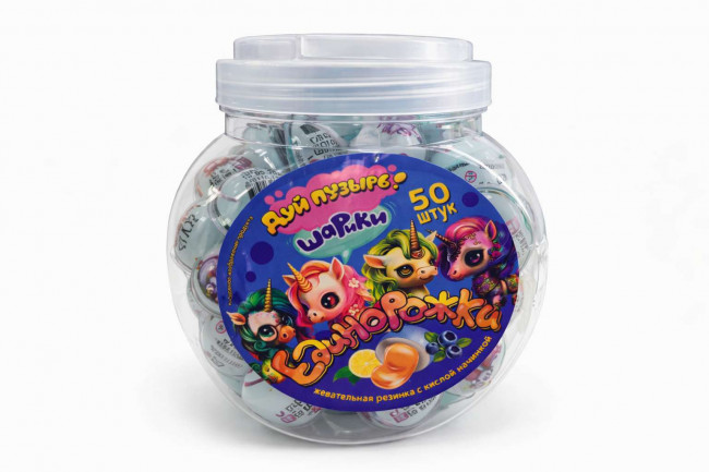 Жев. резинка с кислой начинкой «Дуй пузырь! ШАРИКИ ЕДИНОРОЖКИ», 1кор*12бл*50шт, 10 г