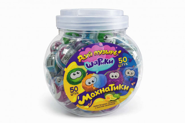 Жев. резинка с кислой начинкой «Дуй пузырь! ШАРИКИ МОХНАТИКИ», 1кор*12бл*50шт, 10 г